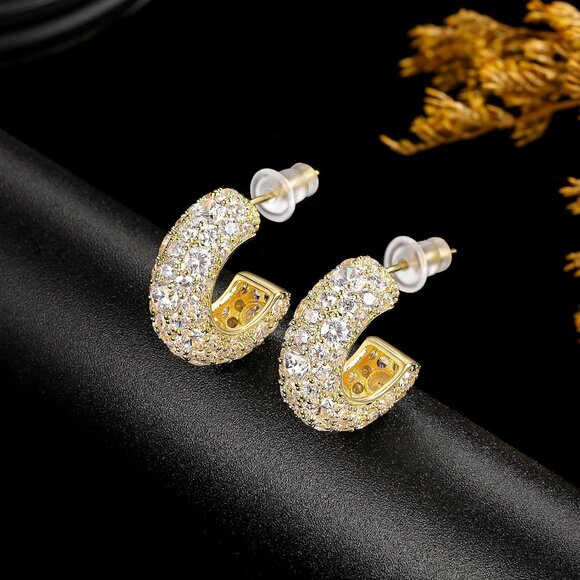 Yellow Gold C-Shape Cubic Zirconia Stud Earrings with Sparkle & Hypoallergenic F - Picture 2 of 7